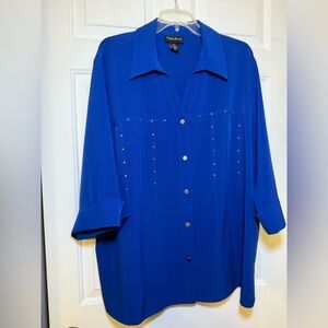 Maggie Barnes Cobalt Blue Rhinestone Accent V Neck Blouse 2X 22-24 Plus V Neck